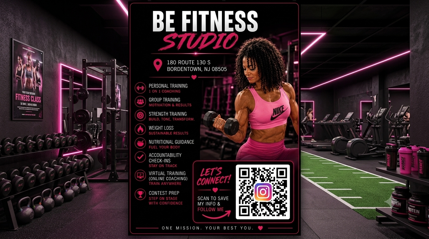 BE FITNESS STUDIO gym interior with neon pink lighting and performance coaching banner